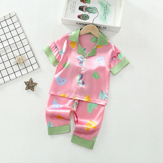 Pink Heart Printed Collared Unisex Kids Night Set