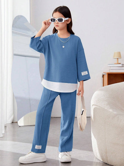 Girls Modern Oversized and  Pant Set ( Blue )
