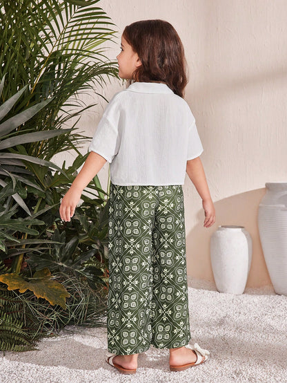 Girls White and Green Printed Clothing Set