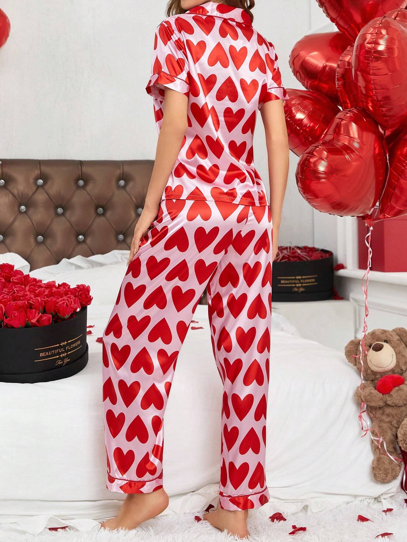 Red Love Printed Nightsuit Set For Women