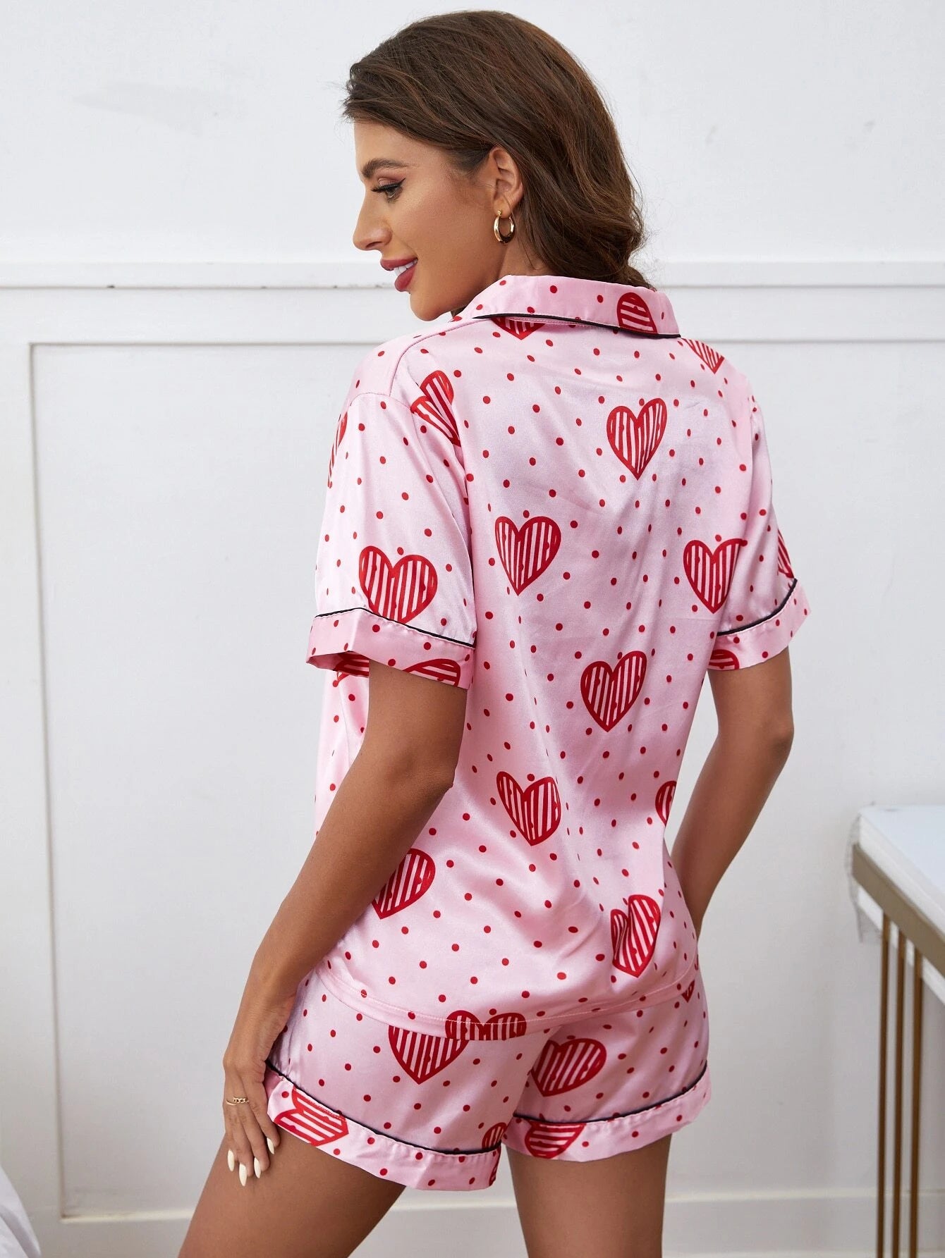 Pink Heart Printed Nightsuit Set For Women