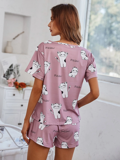 Women's White Cat Printed Co-Ord's Set In Pink Colour