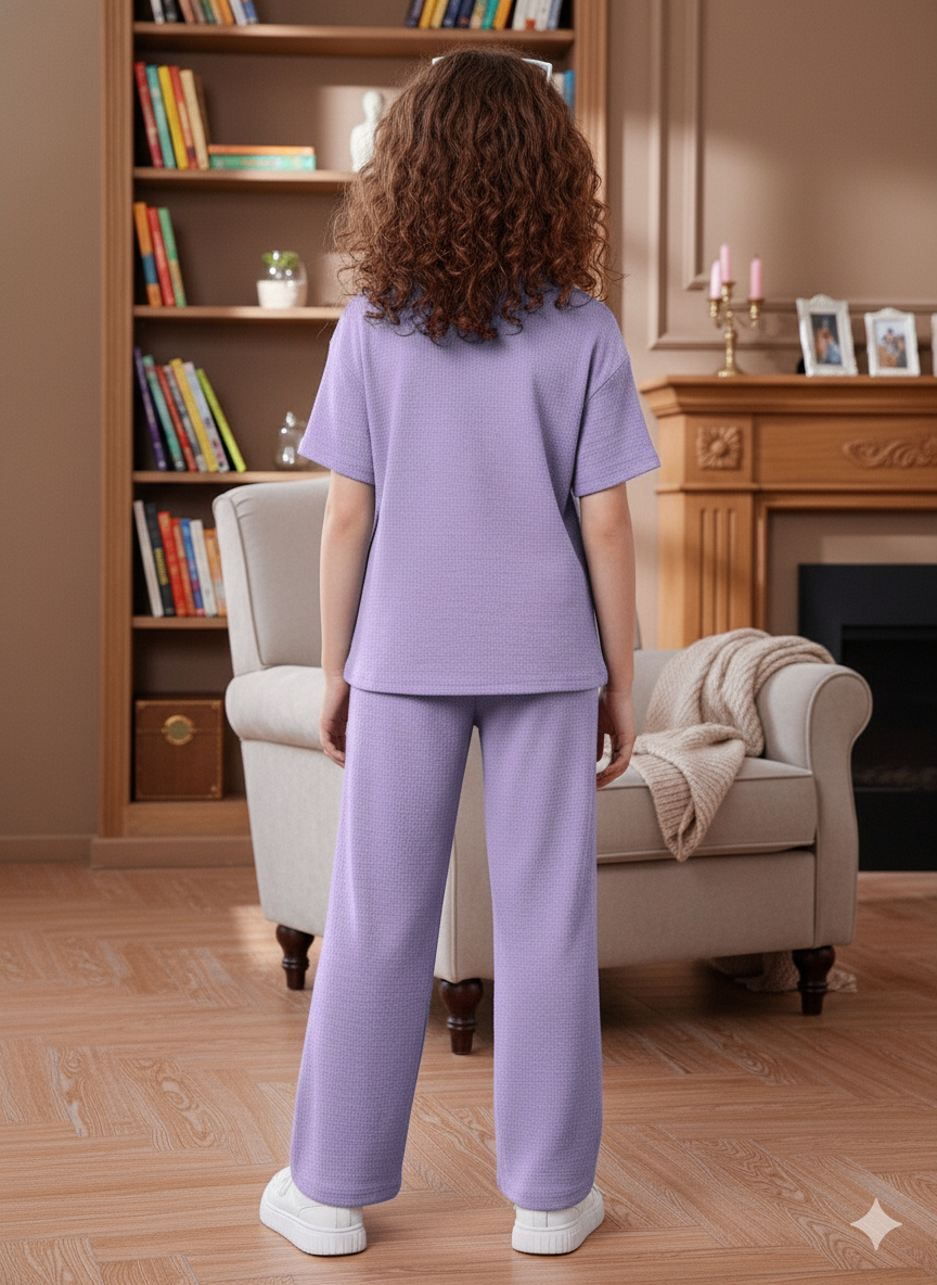 Girls T-shirt and Wide legs Pants Co-ords Set ( Purple )