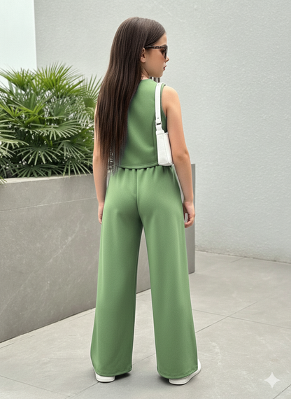 Girls Modern Solid Vest and Wide legs Pant Set ( Green )