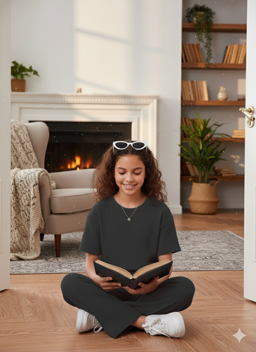 Girls T-shirt and Wide legs Pants Co-ords Set ( Black )