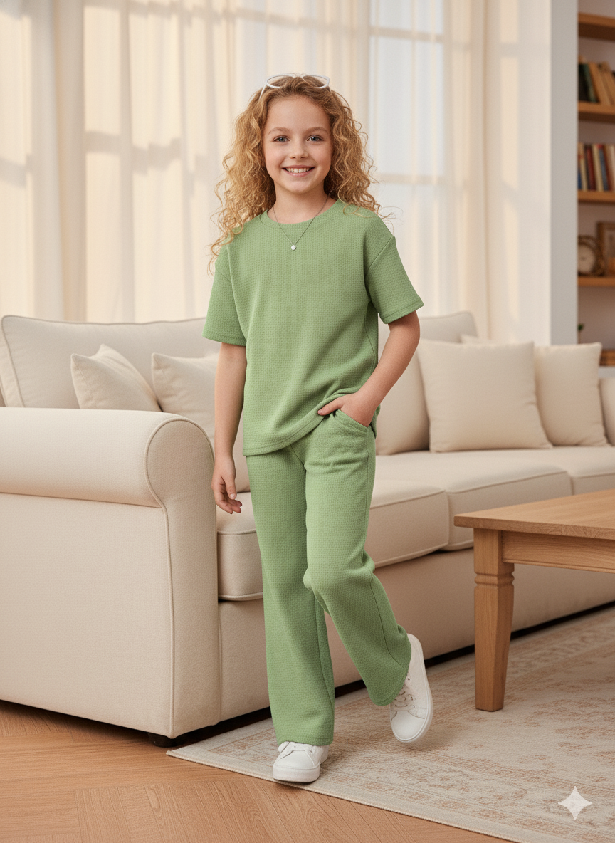 Girls T-shirt and Wide legs Pants Co-ords Set ( Green )