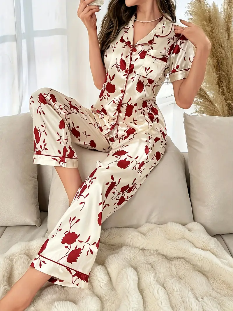 Red Floral Printed Pajama Set