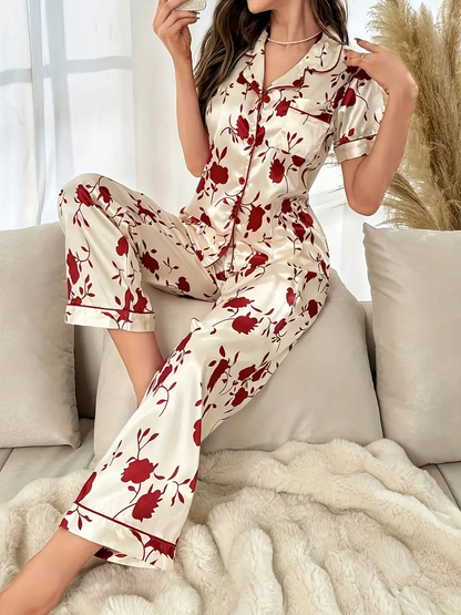 Red Floral Printed Pajama Set