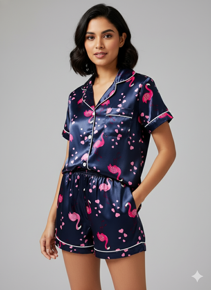 Blue Flamingo Printed Shorts Set