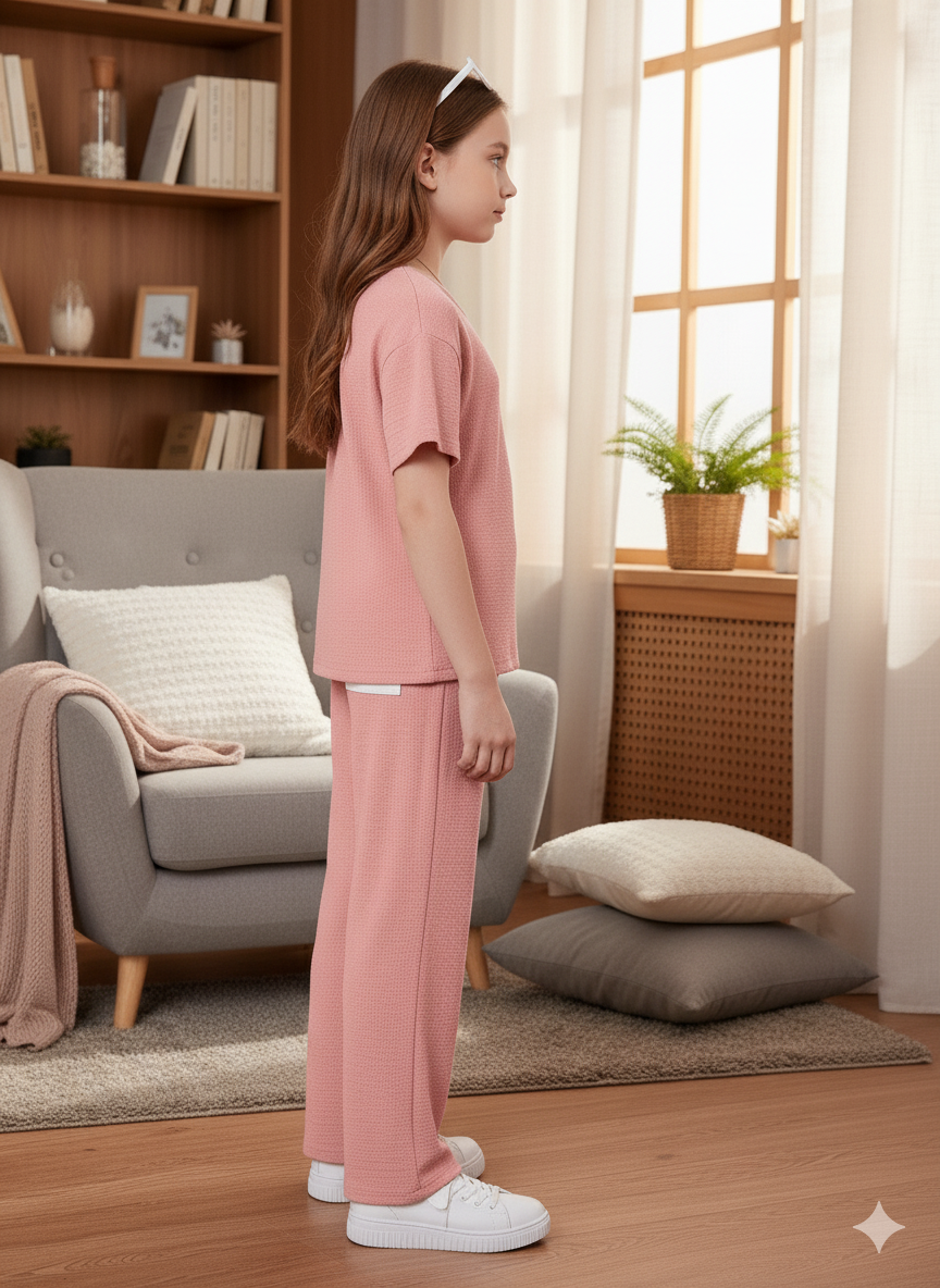 Girls T-shirt and Wide legs Pants Co-ords Set ( Pink )