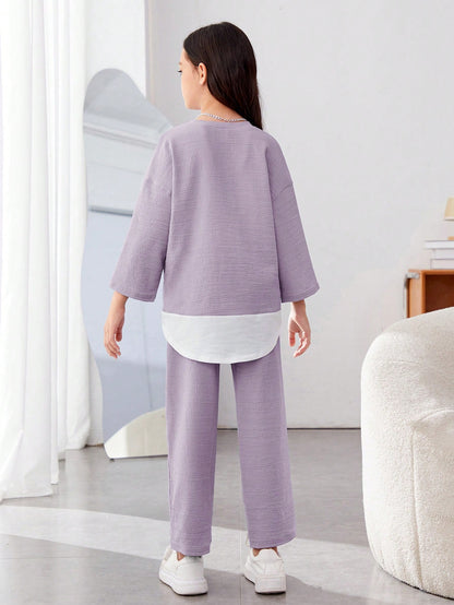 Girls Modern Oversized and  Pant Set ( Blue )
