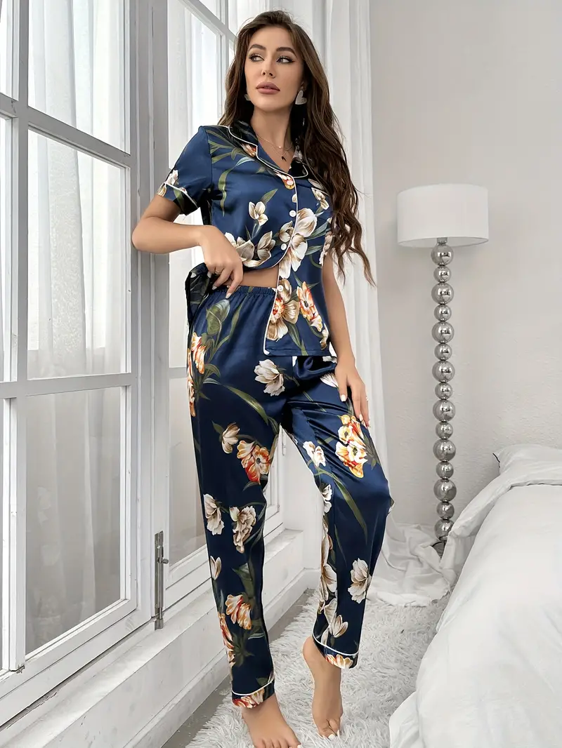 Blue Floral Printed Pajama Set