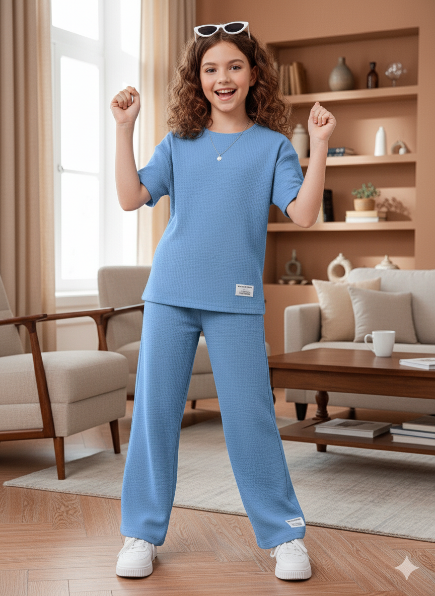 Girls T-shirt and Wide legs Pants Co-ords Set ( Light Blue )