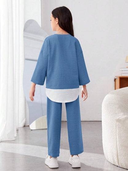 Girls Modern Oversized and  Pant Set ( Blue )