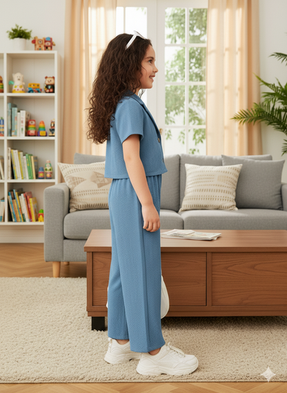 Girls Jacket and Wide legs Pants Co-ords Set ( Light Blue )