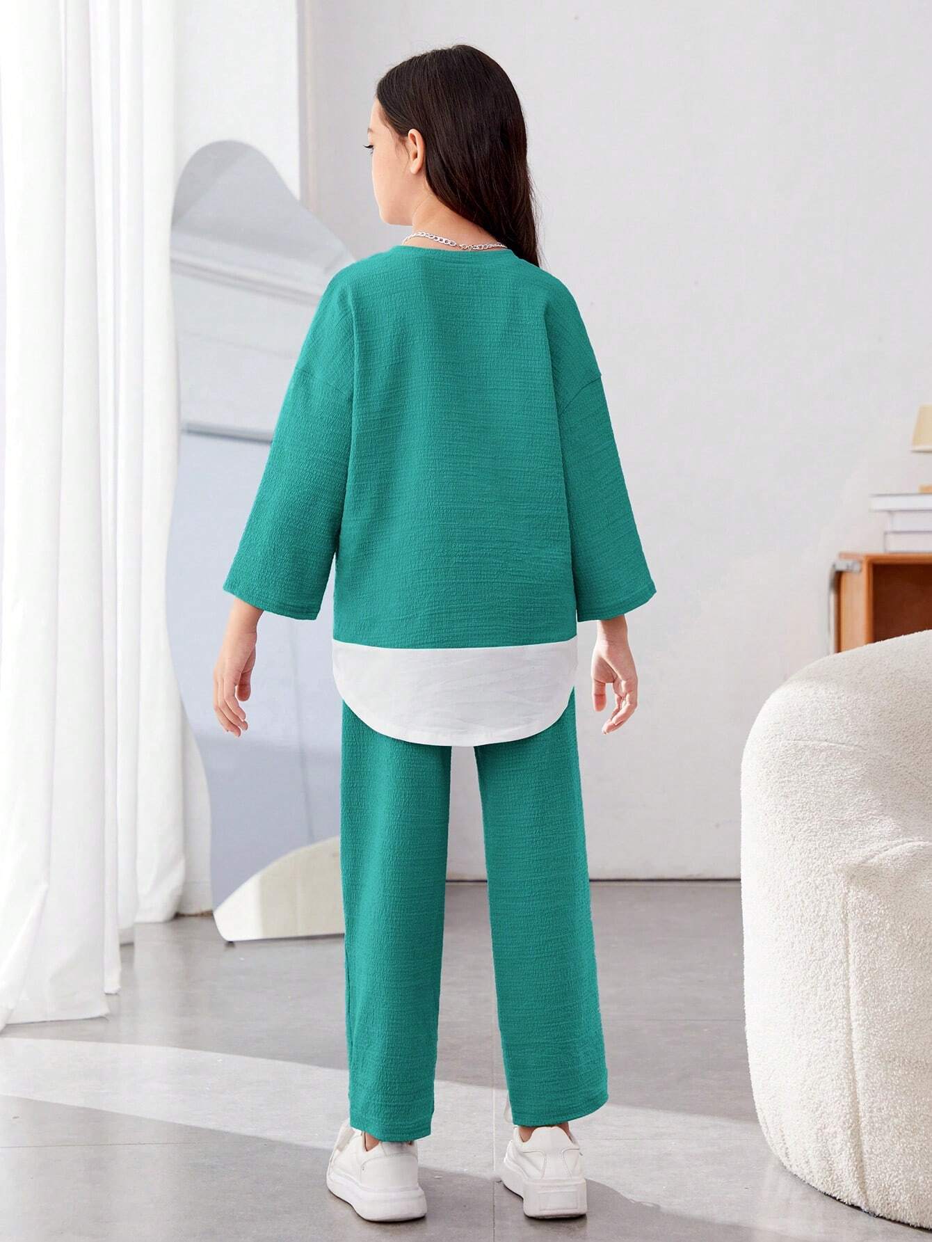 Girls Modern Oversized and  Pant Set ( Teal )