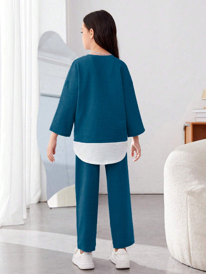 Girls Modern Oversized and  Pant Set ( Navy Blue )