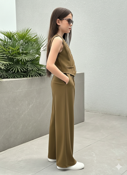 Girls Modern Solid Vest and Wide legs Pant Set ( Brown )