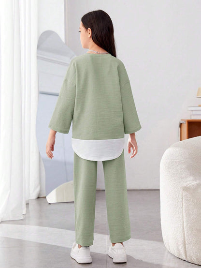 Girls Modern Oversized and  Pant Set ( Green )