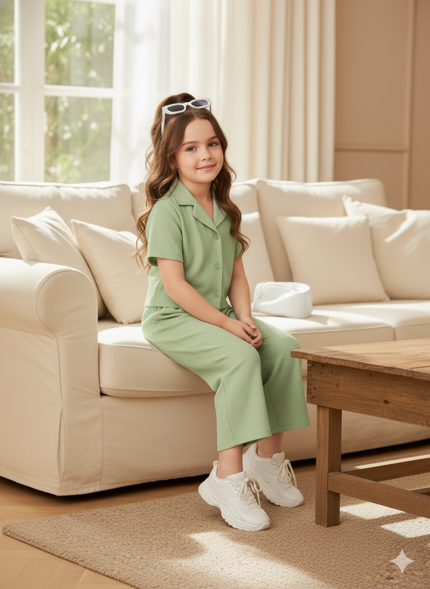 Girls Jacket and Wide legs Pants Co-ords Set ( Green )