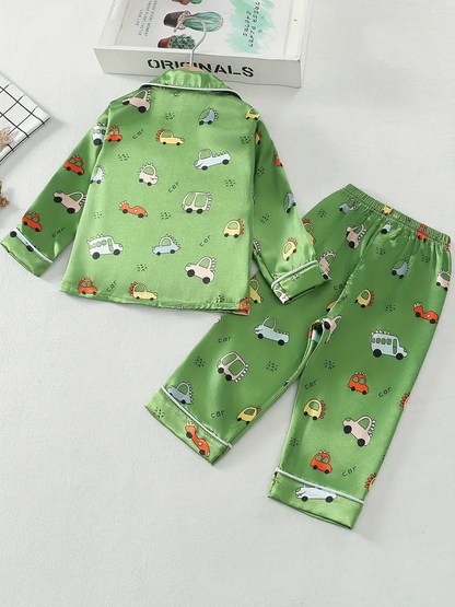 Green Car Printed Unisex Kids Nightsuit Set