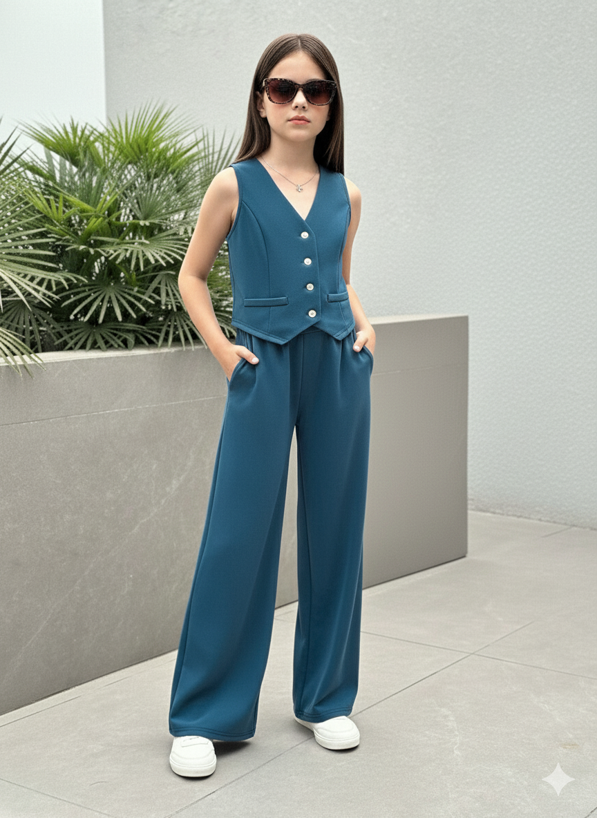 Girls Modern Solid Vest and Wide legs Pant Set ( Navy Blue )