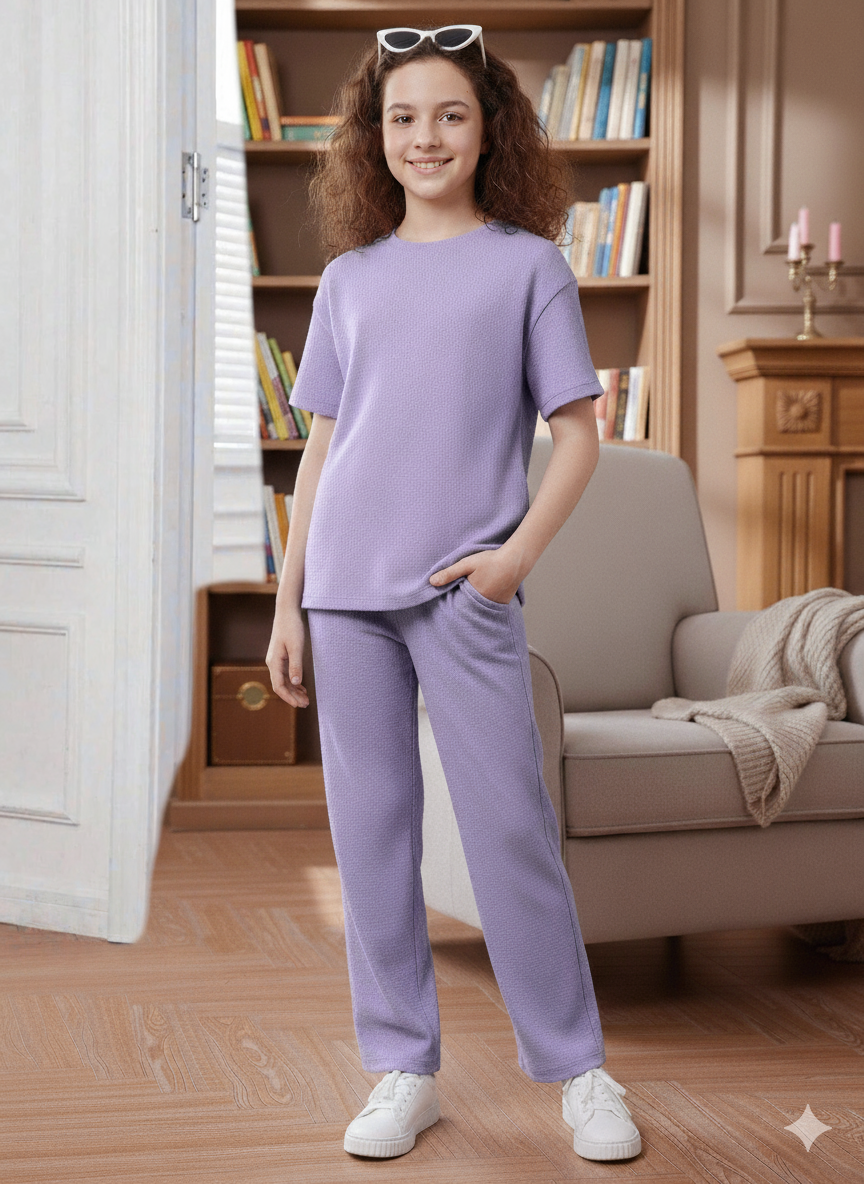 Girls T-shirt and Wide legs Pants Co-ords Set ( Purple )