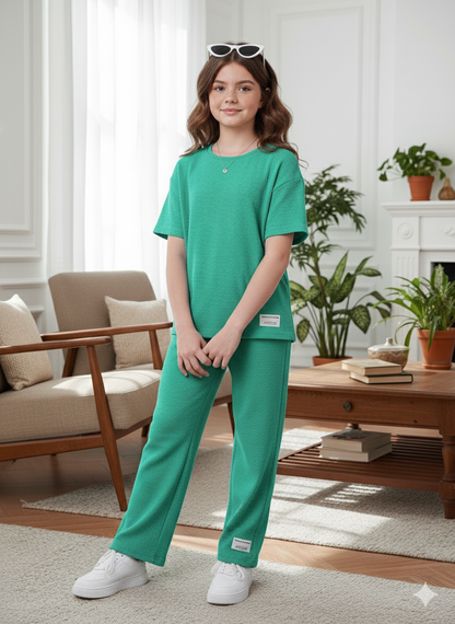Girls T-shirt and Wide legs Pants Co-ords Set ( Dark Green )