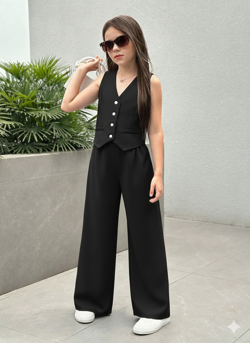 Girls Modern Solid Vest and Wide legs Pant Set ( Black )