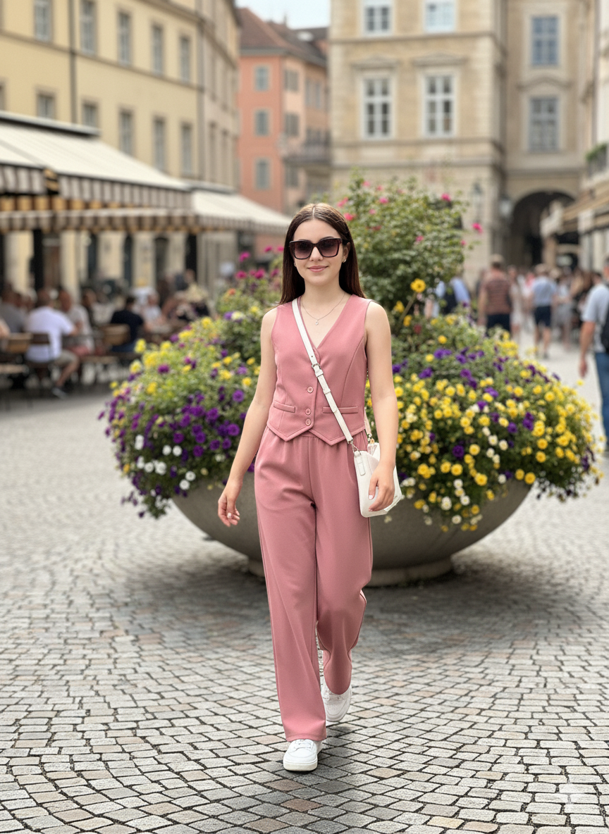 Girls Modern Solid Vest and Wide legs Pant Set ( Pink )