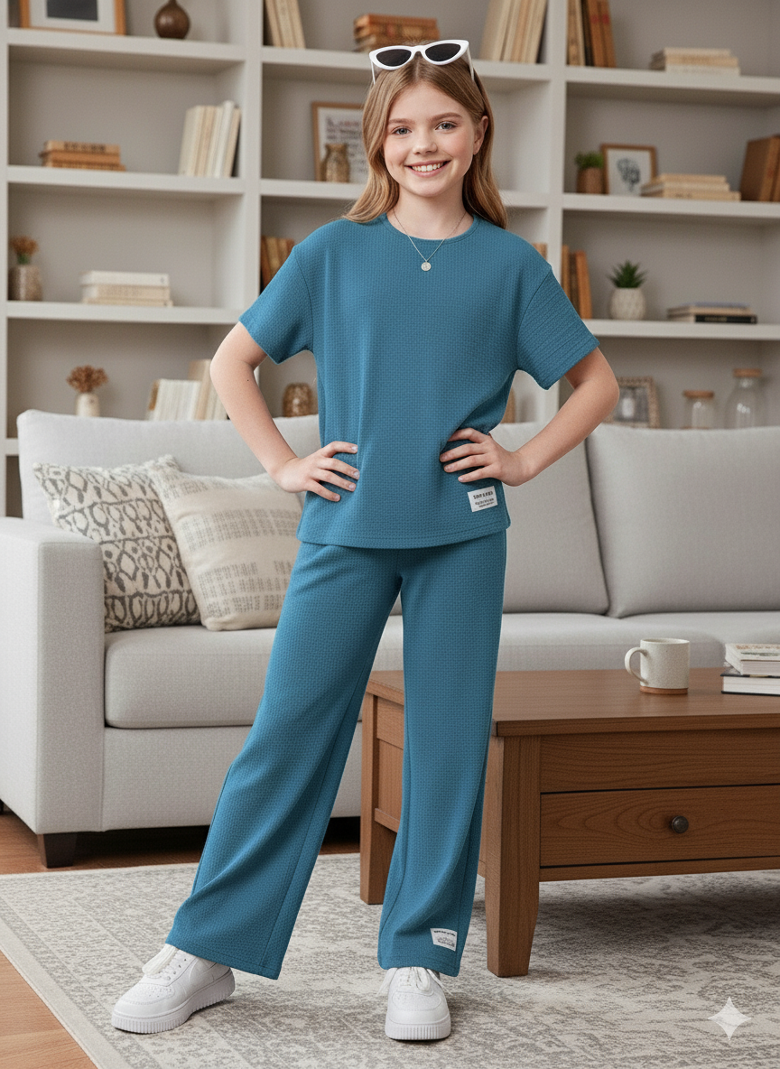 Girls T-shirt and Wide legs Pants Co-ords Set ( Airforce )