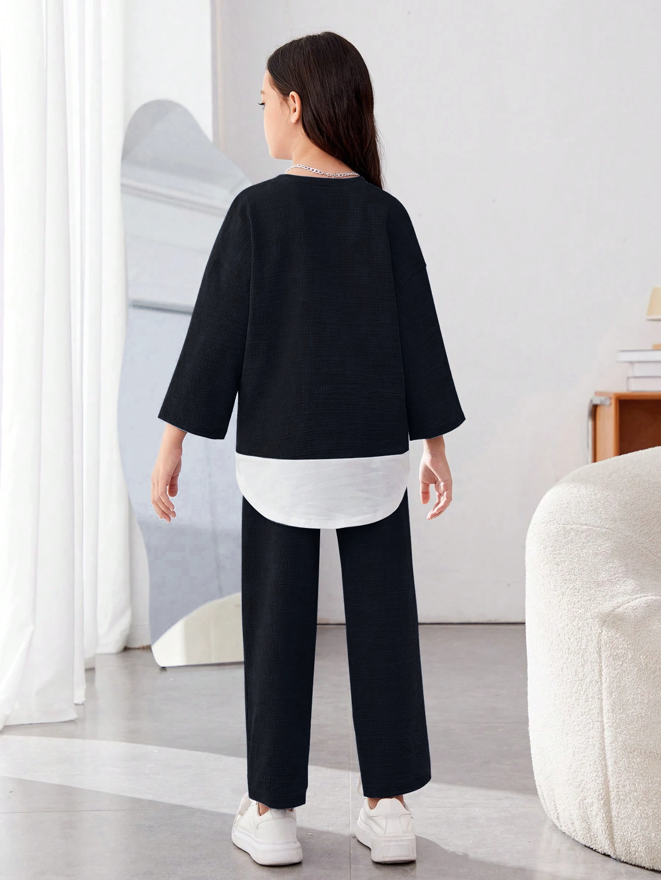 Girls Modern Oversized and  Pant Set ( Black )