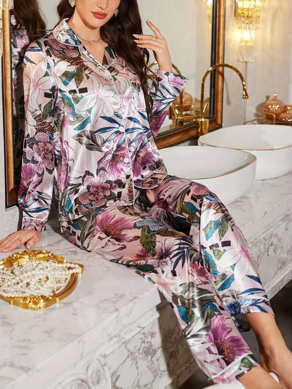 Wine Floaral Printed Pajama Set