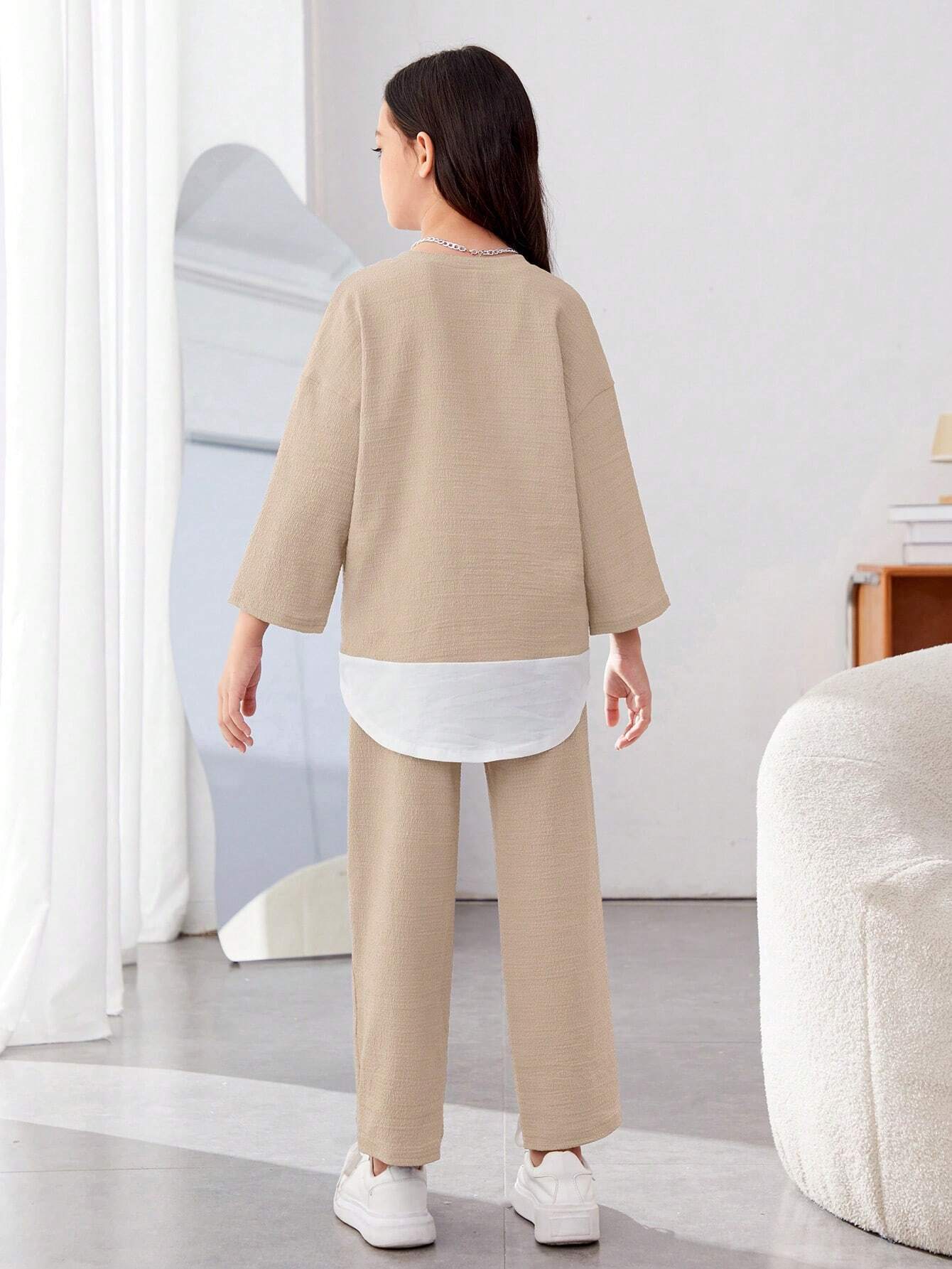 Girls Modern Oversized and  Pant Set ( Beige )