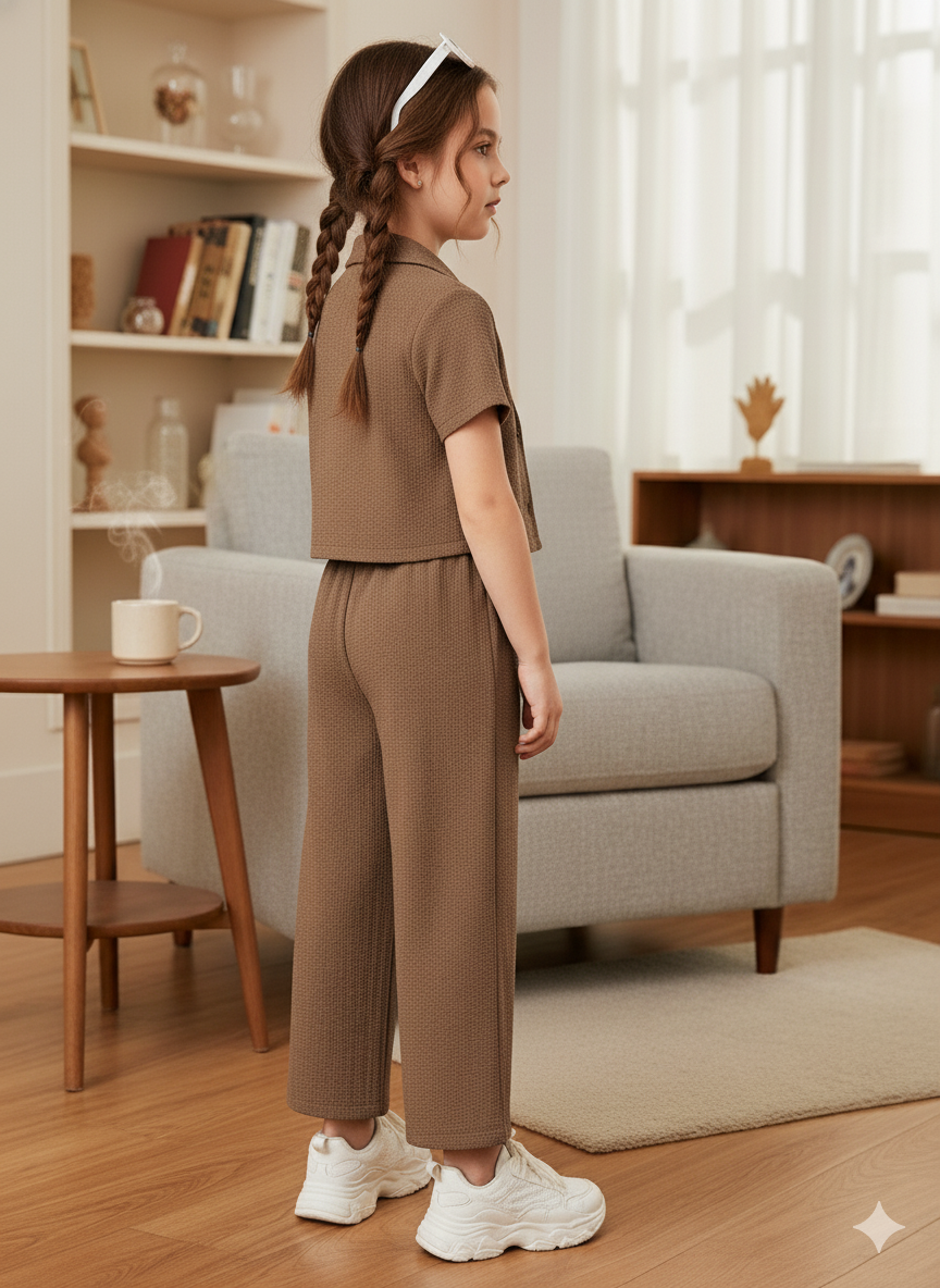 Girls Jacket and Wide legs Pants Co-ords Set ( Brown )