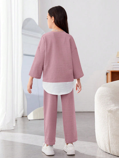 Girls Modern Oversized and  Pant Set ( Pink )