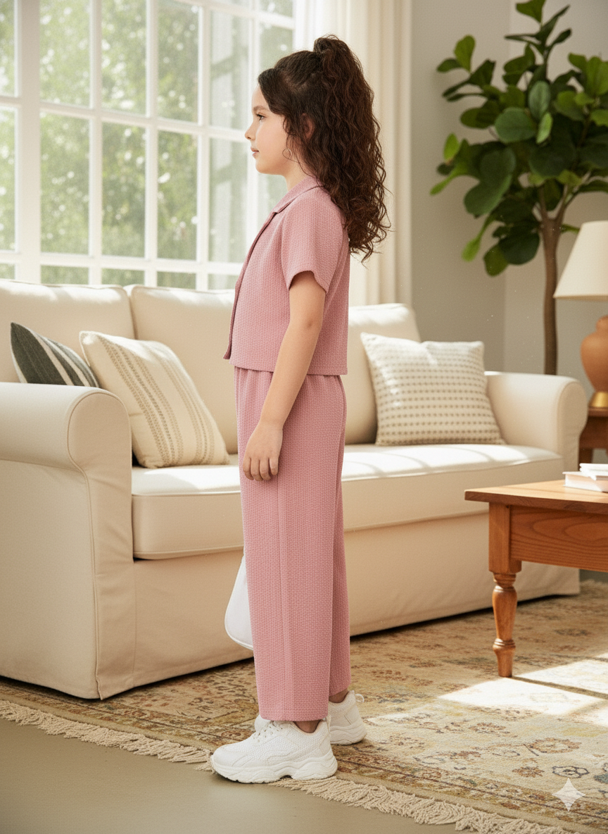 Girls Jacket and Wide legs Pants Co-ords Set ( Pink )