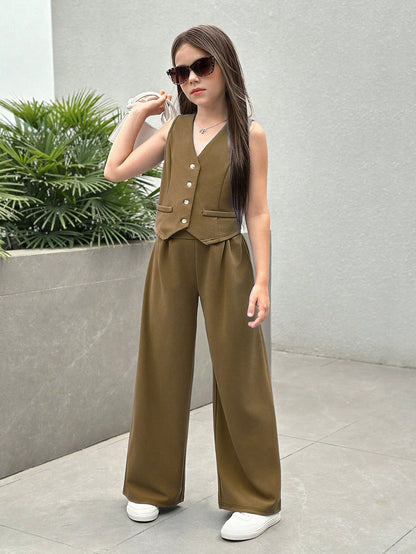 Girls Modern Solid Vest and Wide legs Pant Set ( Brown )