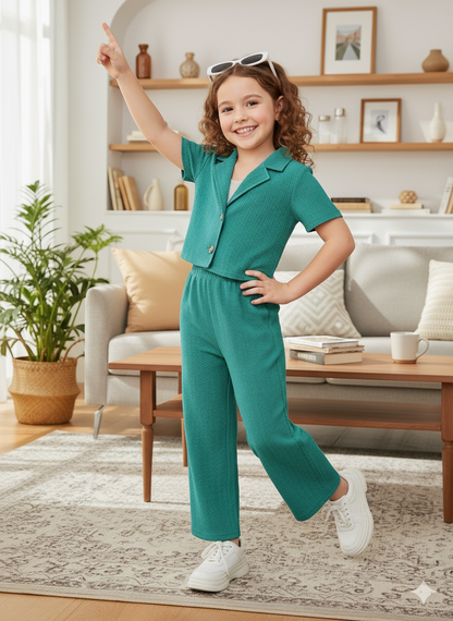 Girls Jacket and Wide legs Pants Co-ords Set ( Dark Green )