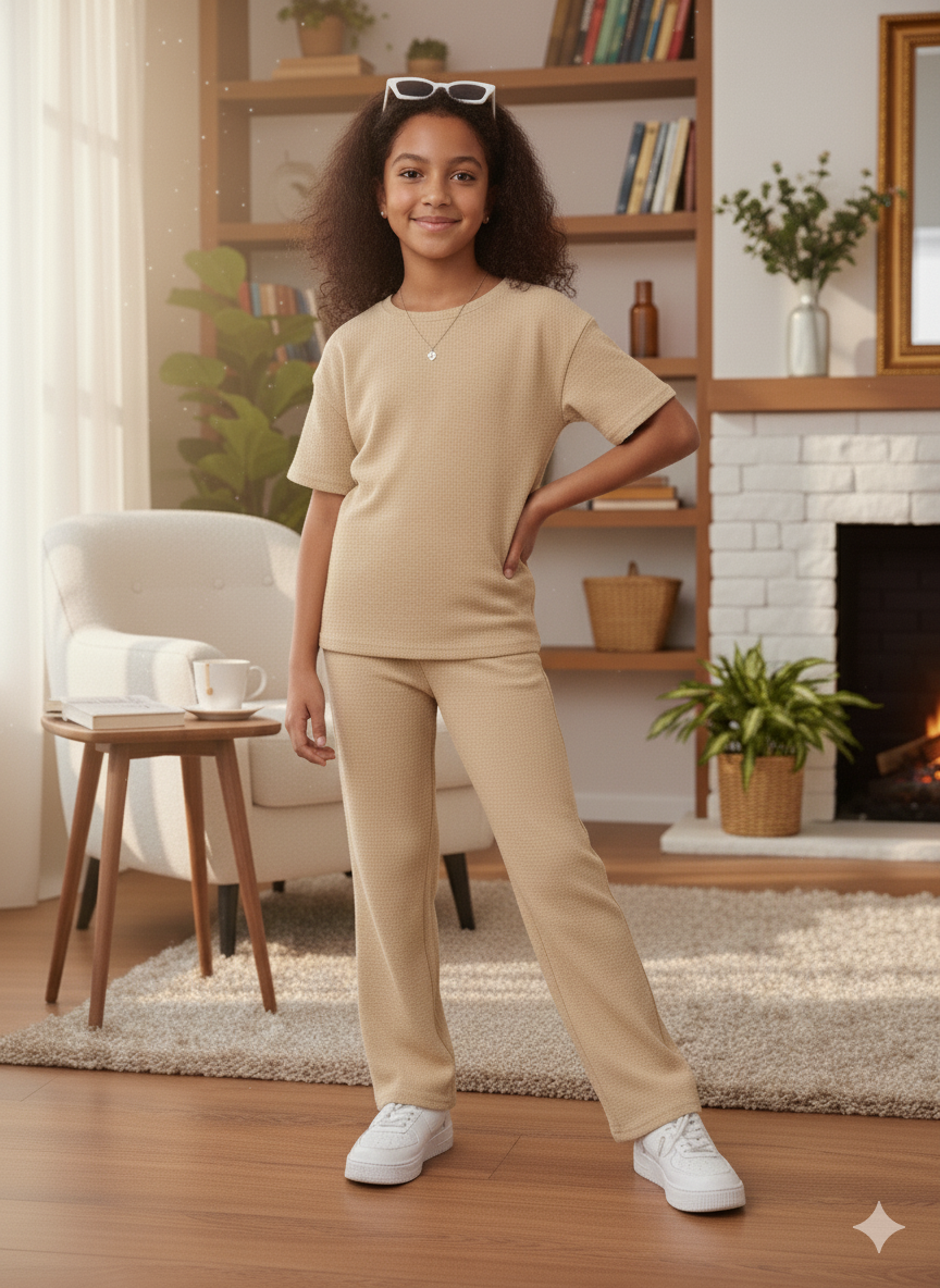 Girls T-shirt and Wide legs Pants Co-ords Set ( Beige )