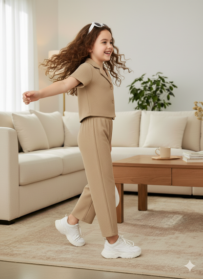 Girls Jacket and Wide legs Pants Co-ords Set ( Beige )