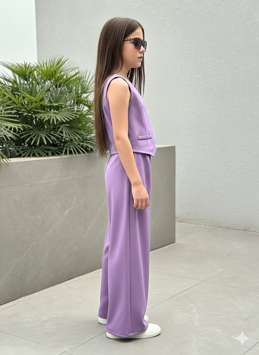 Girls Modern Solid Vest and Wide legs Pant Set ( Purple )