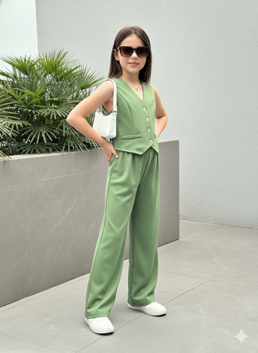 Girls Modern Solid Vest and Wide legs Pant Set ( Green )