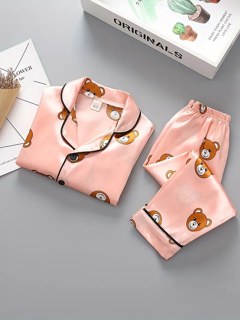 Pink Teddy Printed Unisex Nightsuit Set For Kids