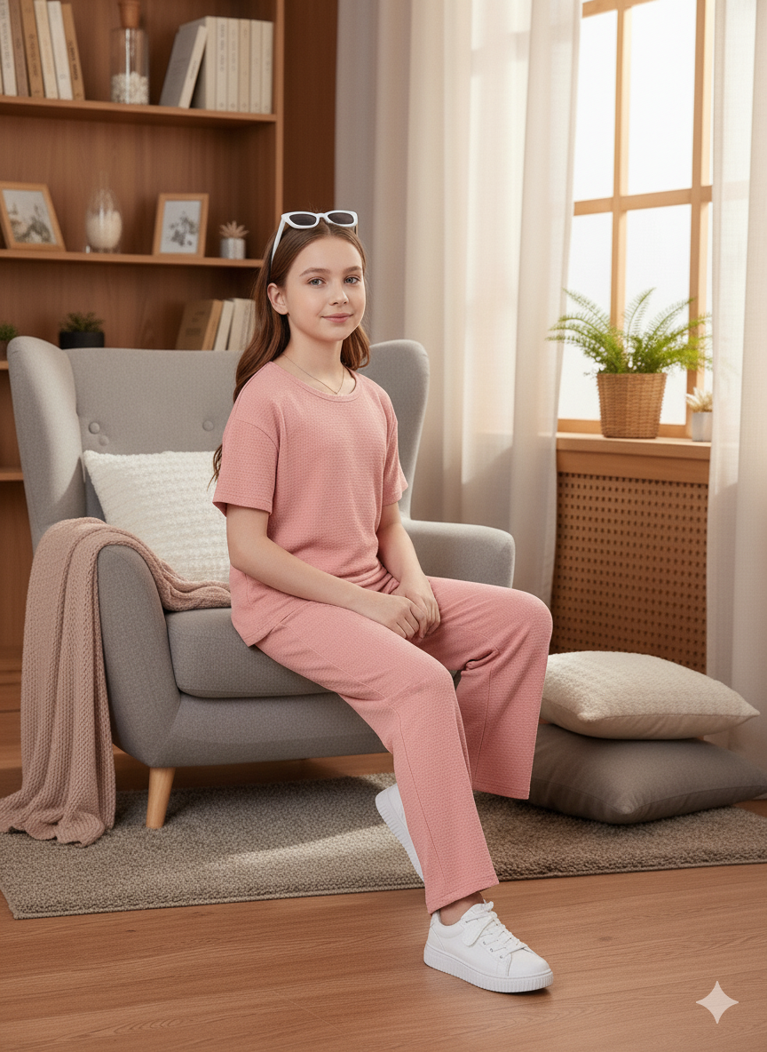 Girls T-shirt and Wide legs Pants Co-ords Set ( Pink )