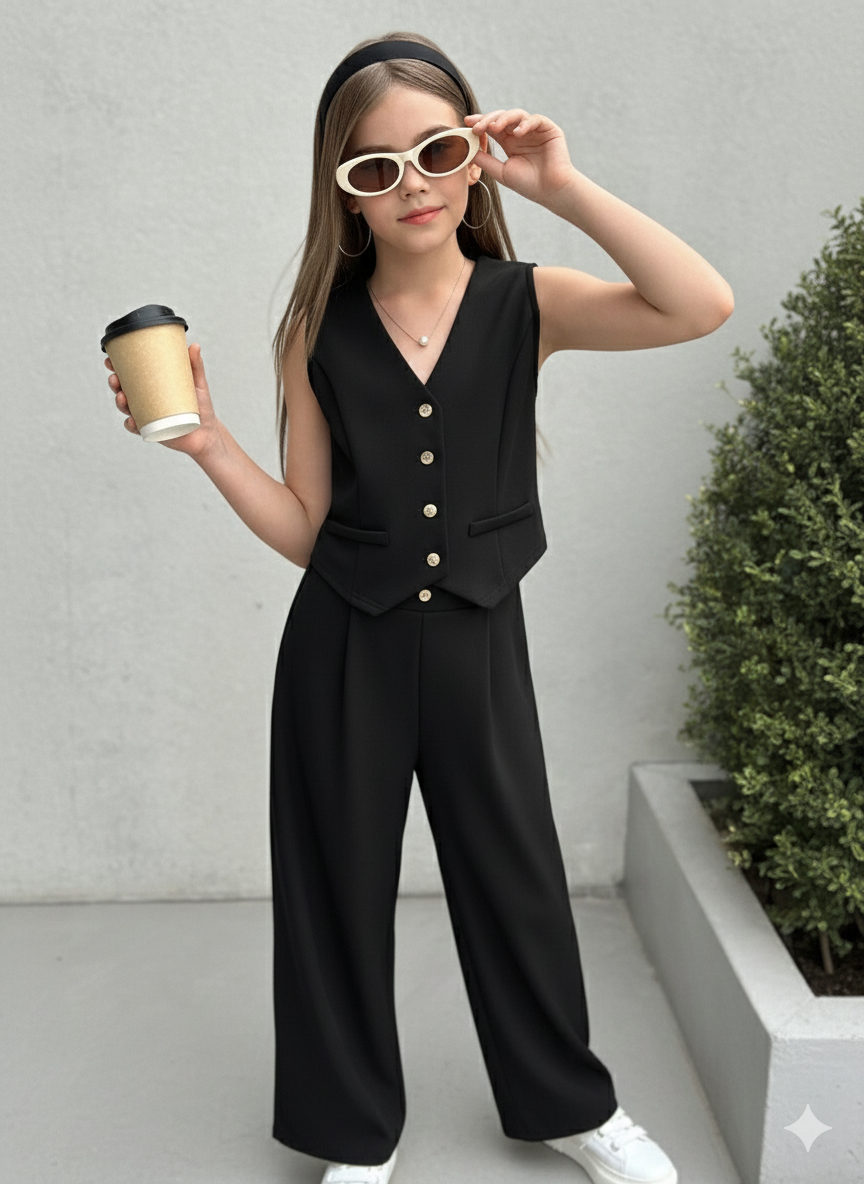 Girls Modern Solid Vest and Wide legs Pant Set ( Black )
