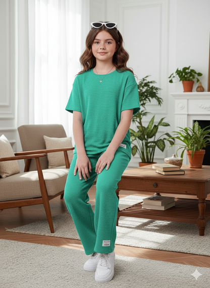 Girls T-shirt and Wide legs Pants Co-ords Set ( Dark Green )