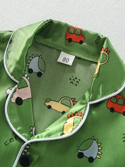 Green Car Printed Unisex Kids Nightsuit Set