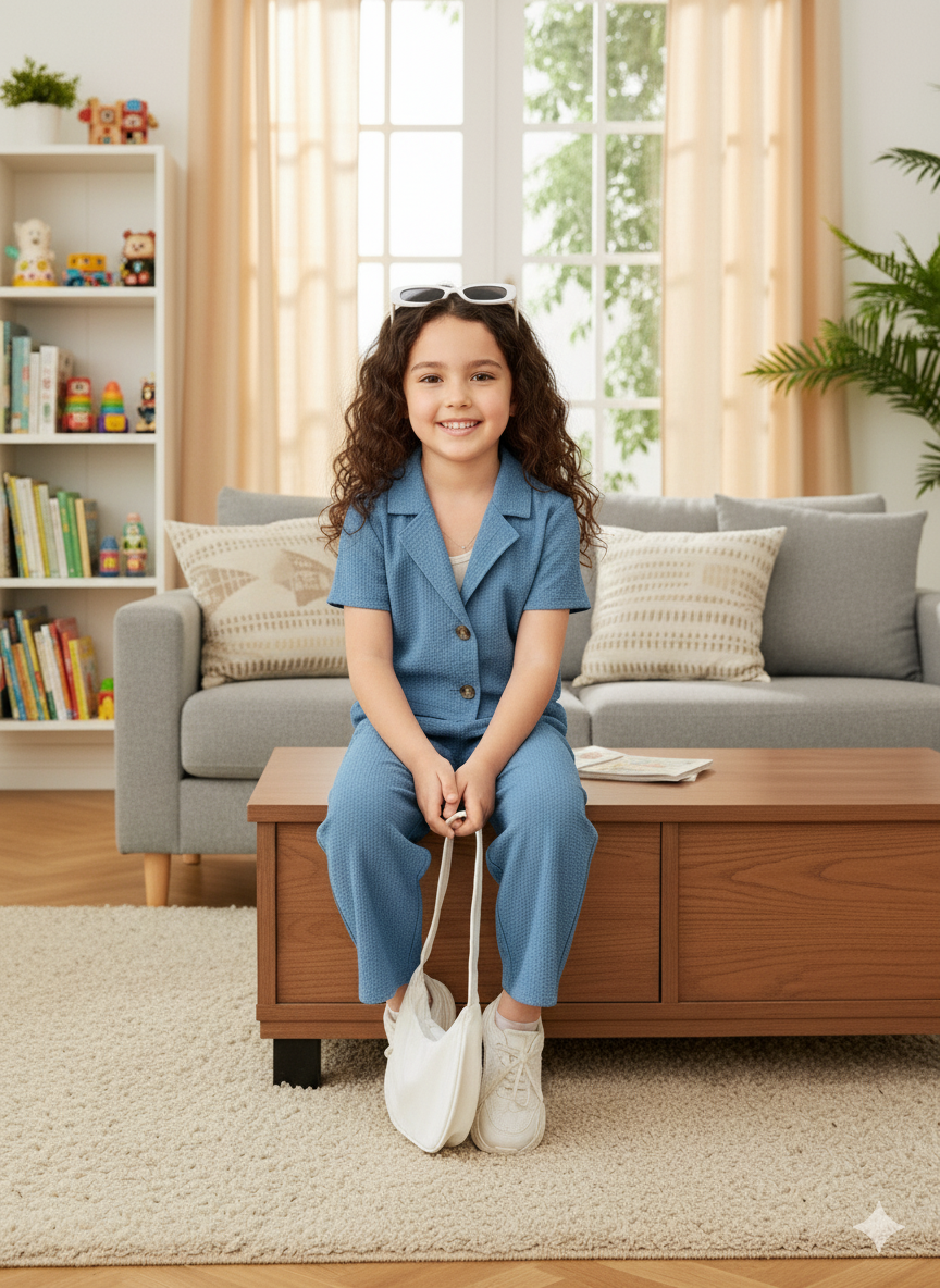 Girls Jacket and Wide legs Pants Co-ords Set ( Light Blue )