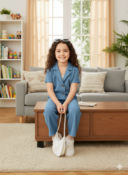 Girls Jacket and Wide legs Pants Co-ords Set ( Light Blue )